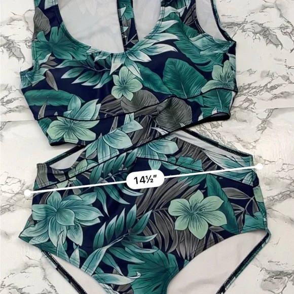 Floral Tropical Green One-Piece Swimsuit side cutouts Size Large - Picture 4 of 11